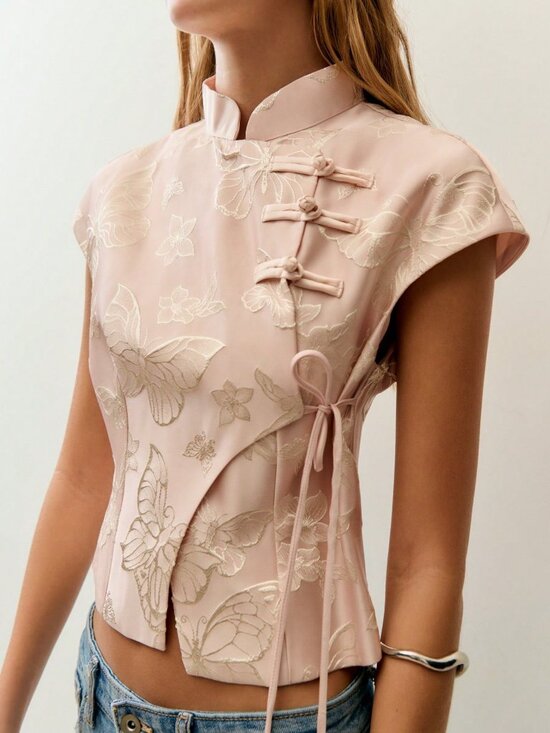 Tops - Apricot Casual Women's Chinese-Style Top with Frog Buttons and Stand Collar